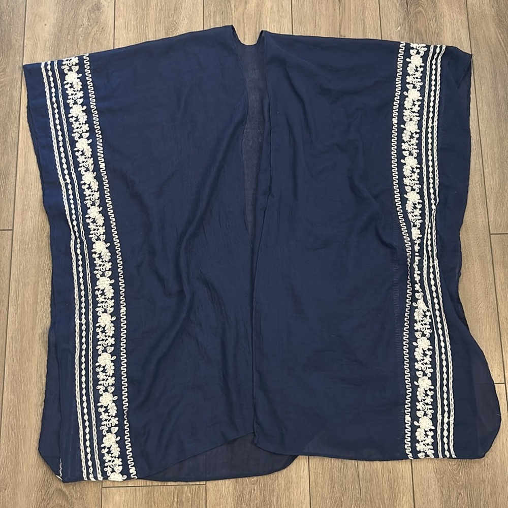 Navy Blue Open Kaftan Beach Coverup w/White Embroidery One Size - Anthropologie - Picture 2 of 5